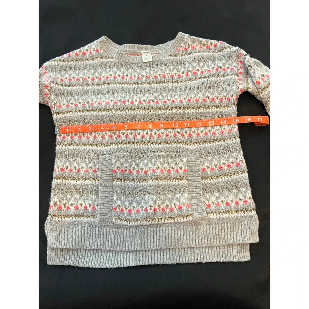 OshKosh Bgosh Girls Size 8 Fair Isle Metallic Knit Sweater Gray Pink Gold Pocket